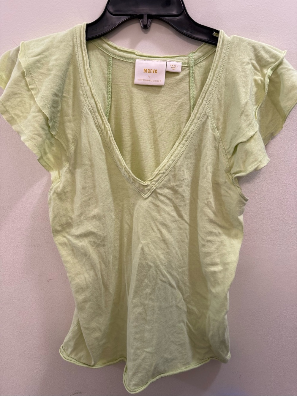 Maeve Anthropologie Lime Green Shirt SMALL Flutter Ruffle Sleeve V Neck Casual